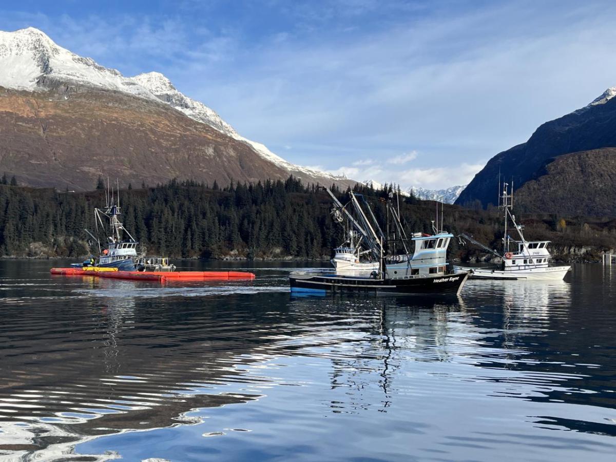 Fishing boats on water, with mountains and sky behind them