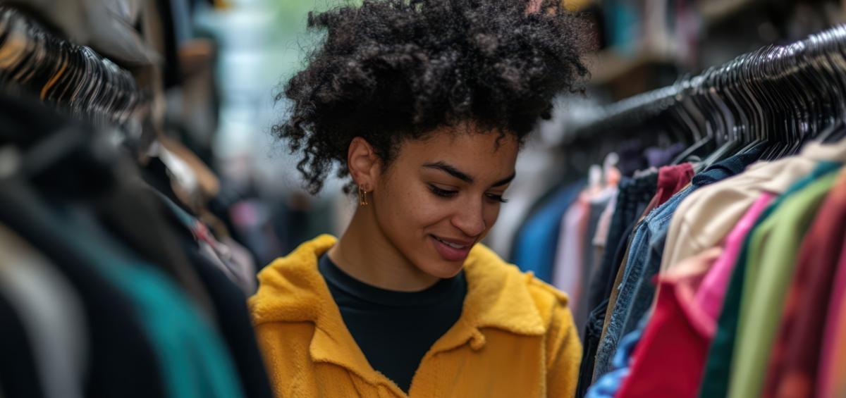 A smiling person looking at long racks of hanging clothing.