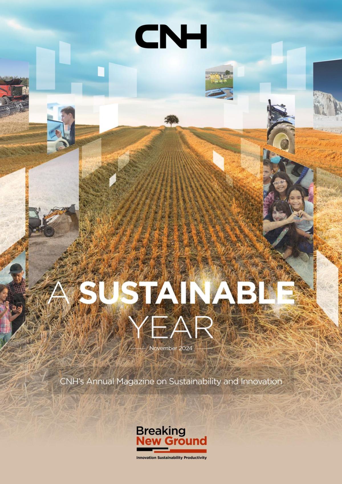 Cover page "CNH A Sustainable Year". A far view of a crop field leading to a single tree. A gallery of images imposed on the sides.