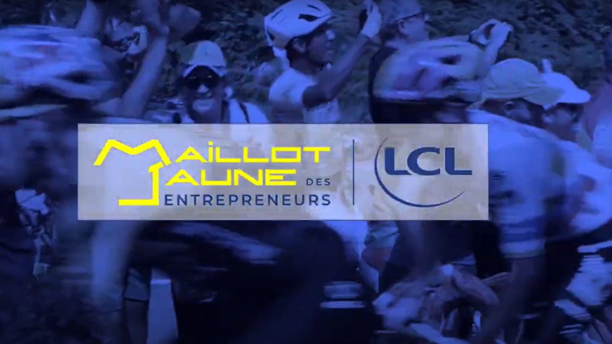 LCL logo, "Maillot Jaune de Entrepreneurs" over a blue-tone image of riders on bicycles.