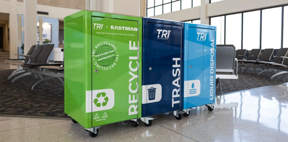 New recycling and trash bins in an airport