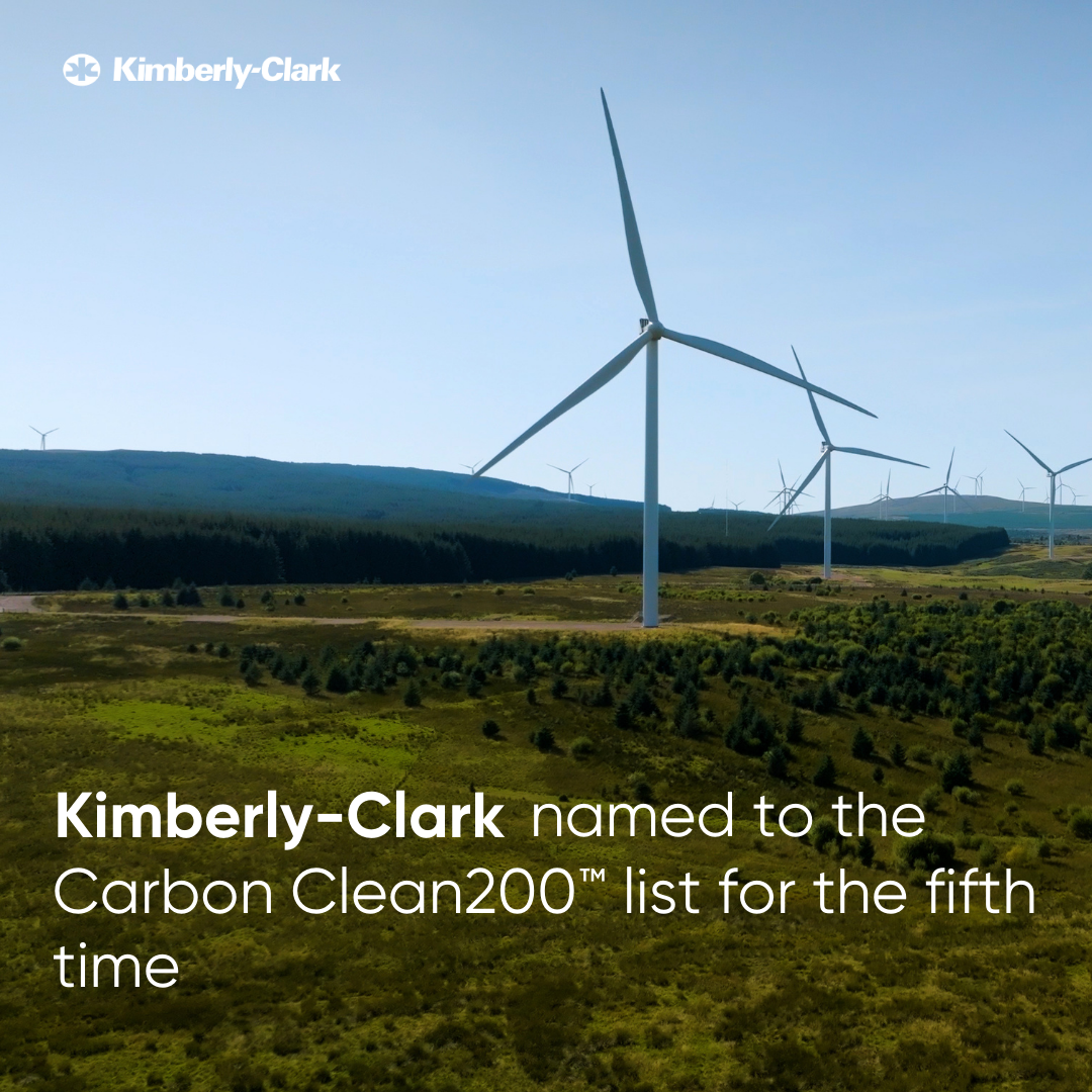 Wind turbines. Text reads: "Kimberly-Clark named to the Carbon Clean200 list for the fifth time.