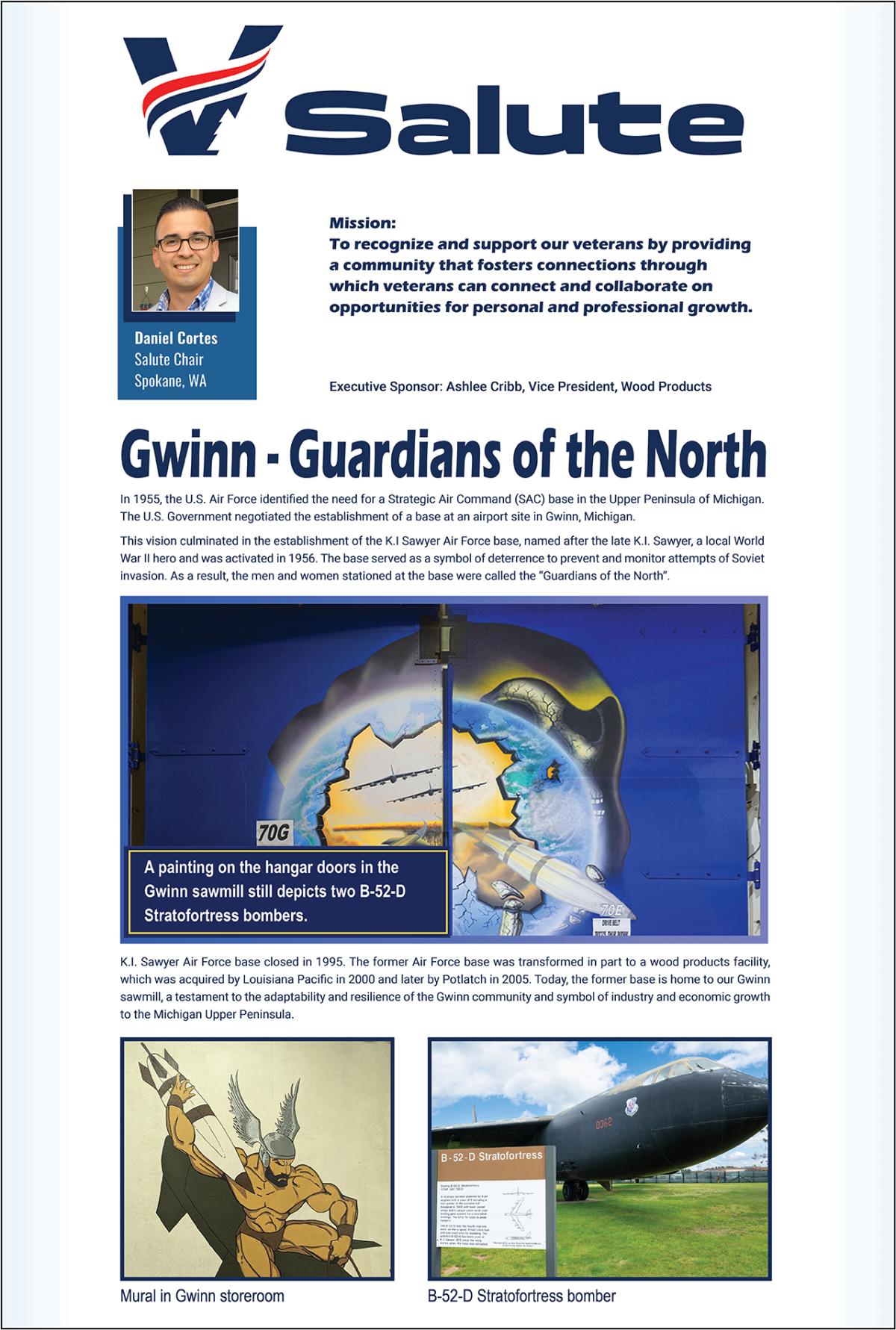 Info graphic "V Salute" Mission statement and "Gwinn-Guardians of the North" with profiles, illustrations.