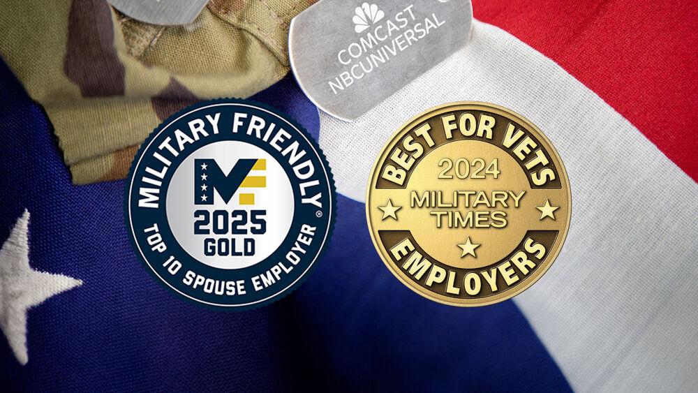 Two award badges "Military Friendly" and "Best for Vets" over a flag, and dog tags with Comcast logo.