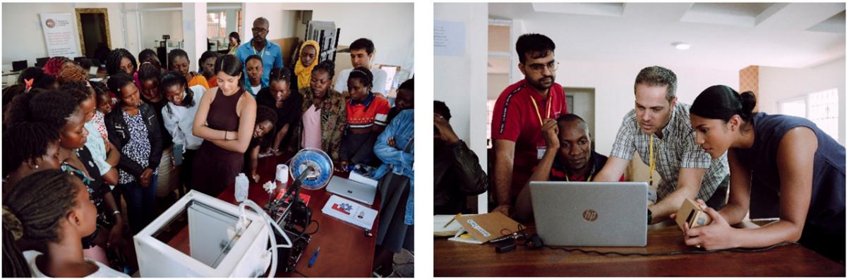 Two images of volunteers working with participants, an open computer on the desk.
