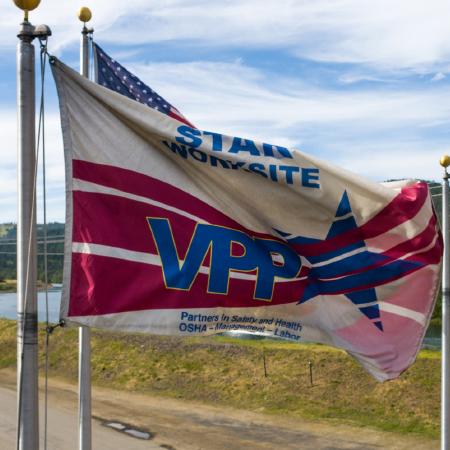 Two flags on poles, one with "VPP" symbol.