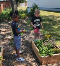 Kids watering a garden