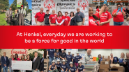 Collage of volunteers doing different tasks. "At Henkel, everyday we are working to be a force for good in the world."