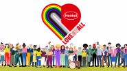Henkel logo above a row of drawn people "Love unites all"