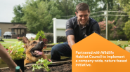 A smiling person diggin in a raised garden bed. A happy dog to the left supervising the progress.