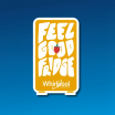 "Feel Good Fridge" and whirlpool logo inside an orange refrigerator shape.