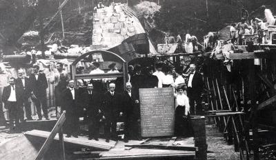 Dedication of the dam at Great Falls, S.C., in 1906. Front row, from left, W.S. Lee, Benjamin Duke, Dr. Gill Wylie, James B. Duke and Mary Lillian Duke.