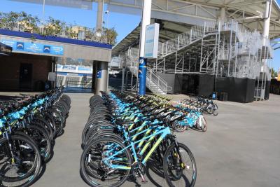 Brand new Diamondback bikes line the concourse of StubHub Center prior to being donated to 150 children from the Boys & Girls Club of Carson for Rally Health’s Holiday Bike Build on December 4, 2017.