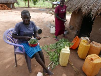 Magret Sunday, 17, and Joyce Satima, 30, prepare moringa leaves to eat as a stew for their family’s meal. Photo: World Agroforestry Centre/Catharine Watson