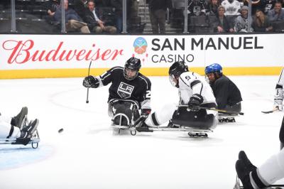 LA Kings Sled Hockey players participate in an exhibition game during an intermission at Hockey Is For Everyone Night at STAPLES Center on February 22, 2018.