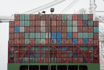 Cargo containers are stacked on a ship awaiting departure from the Port of Long Beach. Credit: Elisa Ferrari