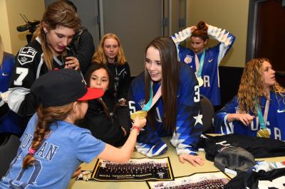 Members from the LA Lions, the all-girls youth hockey club founded and operated by the LA Kings, meet the U.S. Gold Medal-Winning Women’s Olympic Hockey Team at STAPLES Center on February 26, 2017.