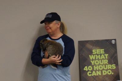 Jill Holt, Timberland’s community engagement coordinator, holds a Girls at Work therapy rabbit while listening to speakers at Timberland’s 2017 40’s Club Breakfast. This year’s breakfast recognized a record breaking 163 employees who served all 40 of their available service hours.