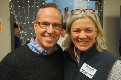 Bob Sineni, vice president and general manager for Timberland PRO, and Elaine Hamel, founder and director of nonprofit Girls at Work, share stories at Timberland’s 40’s Club breakfast to celebrate employees who served all their available service hours in 2017. Sineni’s PRO team served at Girls at Work a number of times in 2017.