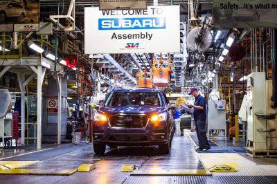 The first 2019 Ascent rolls off the assembly line at Subaru of Indiana Automotive (SIA) in Lafayette, Indiana on May 7, 2018. The three-row SUV, the biggest vehicle in the Subaru line-up, will be available for sale in mid-2018.