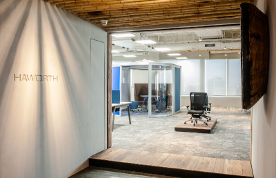 The space includes height-adjustable tables and ergonomic chairs, as well as remote standing tables at public areas, all of which are Haworth products. This access to a variety of work-stations allows employees to use different muscles by assuming different positions throughout the day, and helps avoid muscle strain.