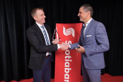 scotiabank achievement americas junior award president recognized currie leo brent receiving vice senior marketing management brand services transforming education cnw