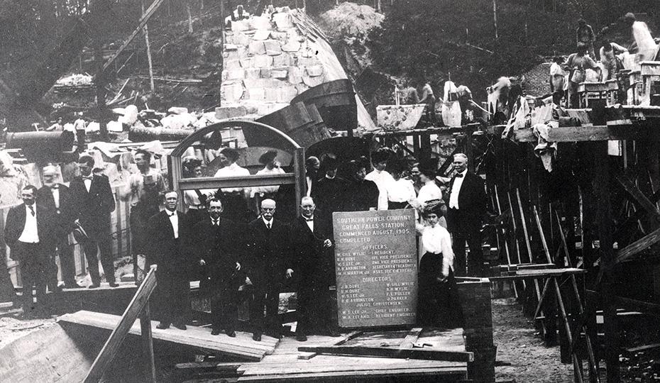 Dedication of the dam at Great Falls, S.C., in 1906. Front row, from left, W.S. Lee, Benjamin Duke, Dr. Gill Wylie, James B. Duke and Mary Lillian Duke.