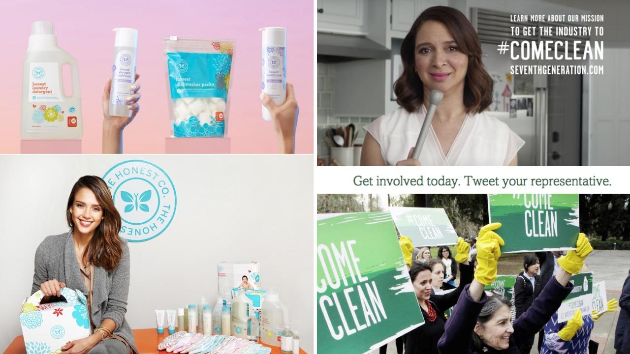 The Honest Company asks consumers to buy their products because every purchase helps fund research, education, and access to products that create healthy, safe environments for children during their most formative years. Seventh Generation asks people to help them fight for federal legislation that requires ingredient disclosure on cleaning product labels.