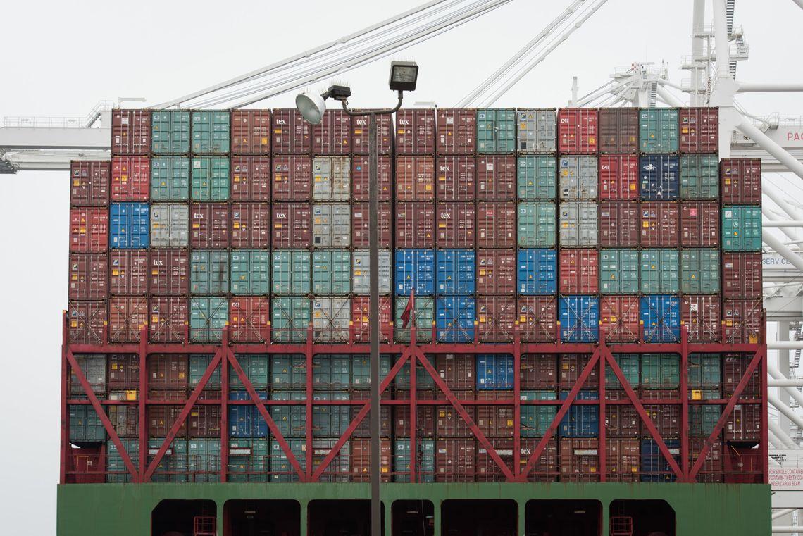 Cargo containers are stacked on a ship awaiting departure from the Port of Long Beach. Credit: Elisa Ferrari