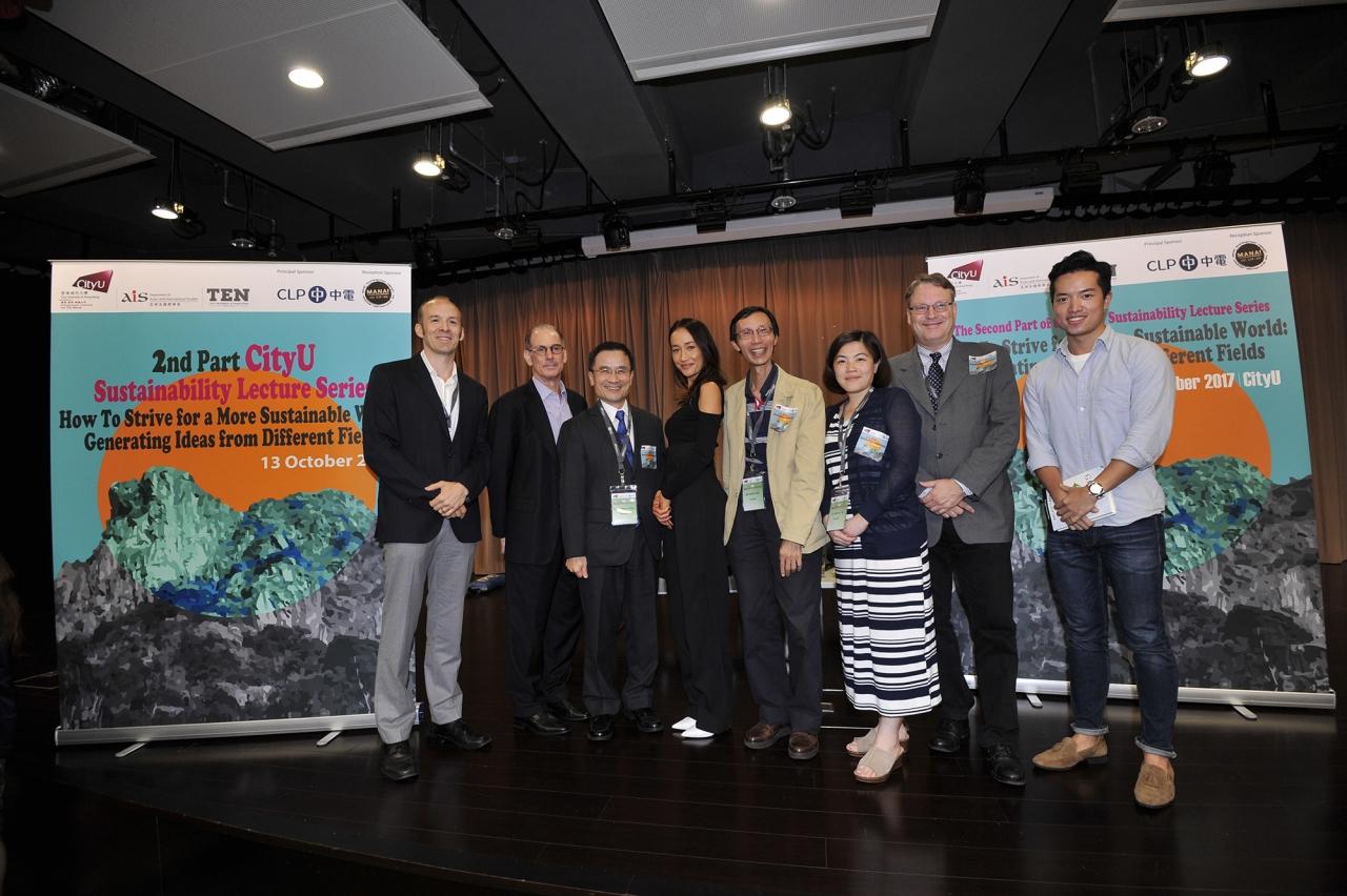 Hollywood actress Maggie Q (fourth left), CLP Director - Group Sustainability Dr Jeanne Ng (third right), City University of Hong Kong Chair Professor of Atmospheric Science Prof Johnny Chan (third left) and the Green Earth Founder and Executive Director Edwin Lau (fourth right) join a CLP-sponsored sustainability panel discussion at the City University of Hong Kong.