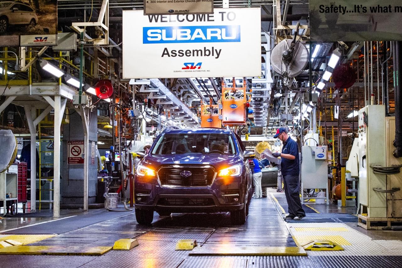 The first 2019 Ascent rolls off the assembly line at Subaru of Indiana Automotive (SIA) in Lafayette, Indiana on May 7, 2018. The three-row SUV, the biggest vehicle in the Subaru line-up, will be available for sale in mid-2018.