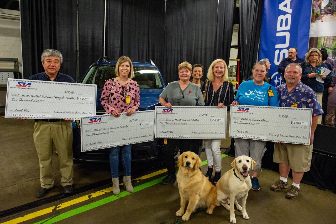 Members of the famous Subaru canine family, The Barkleys, visited SIA to welcome the family vehicle to the Subaru line-up on May 7, 2018. SIA also presented $8,000 in grants to four Indiana nonprofit organizations focused on animal welfare: North Central Indiana Spay & Neuter, Almost Home Humane Society, Loving Heart Animal Shelter and Natalie’s Second Chance No-Kill Dog Shelter.