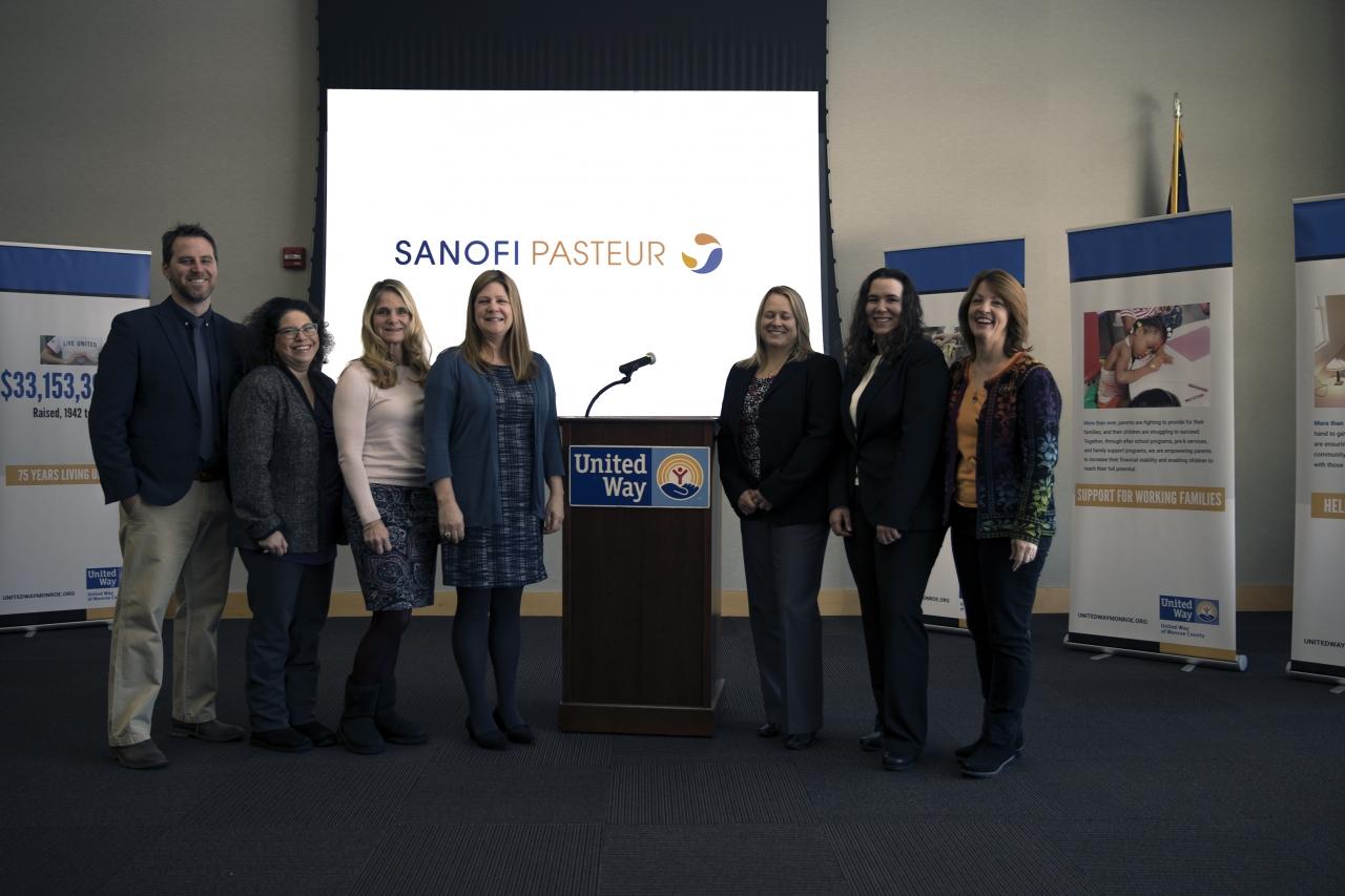 Members of Sanofi Pasteur’s campaign team presented their results on Thursday, January 18th, pictured left to right, Michael Albert, president and CEO for United Way of Monroe County, Ellyn Schindler, director, North America Corporate Social Responsibility, Kathy Schwartz, deputy director, Customer Experience, Pam Reincke, manager, Marketing & Sales Incentive Compensation, Jennifer Kinsley, deputy director, Clinical Program Management & Business Support, Stephanie Posse, deputy director, Reliability Engineering, and Monica Cravotta, vice president, development and programs, United Way of Monroe County.