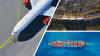 composite image of a plane, trucks, and a shipping container